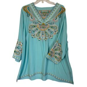 Soft Surroundings Tunic Top Womens 2X Blue Embroidered Boho 3/4 Bell Sleeve